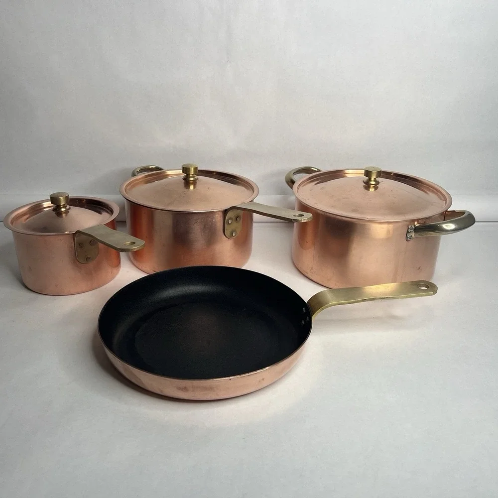 Copper Pots Pan Thick Brass Handles Teflon Coating Saucepan Skillet Decor LIDS